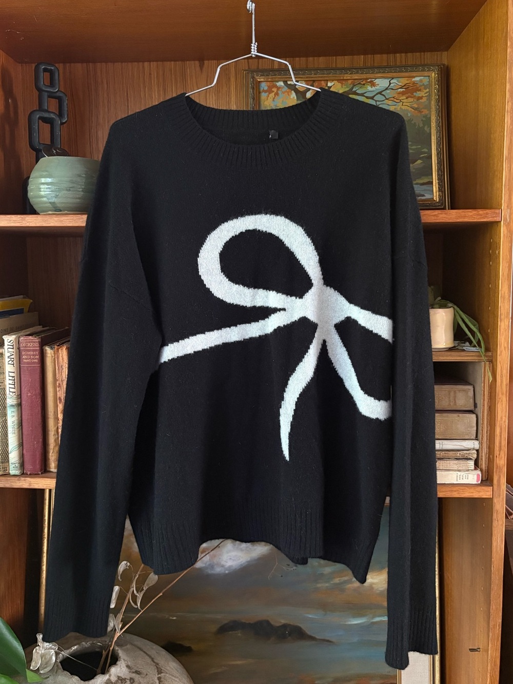 100% Cashmere Crew Neck Bow Sweater Black L